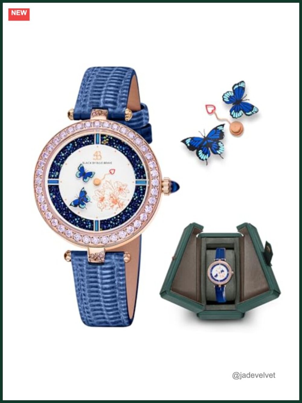 Butterfly Watch for Women Japanese Quartz Leather Strap CZ Sapphire Crystal